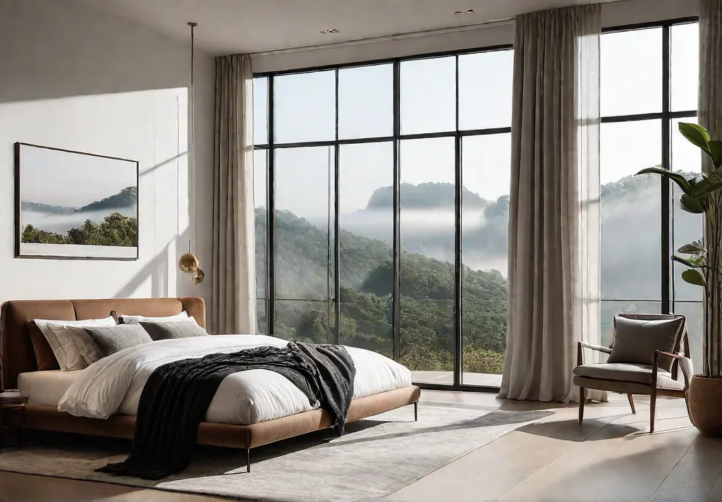 A modern bedroom with a minimalist bed frame neutralcolored walls and afeat