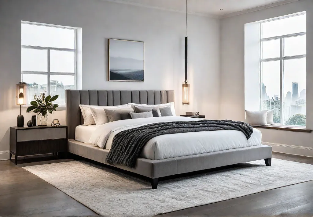 A modern bedroom with a neutral color palette featuring a plush bedfeat