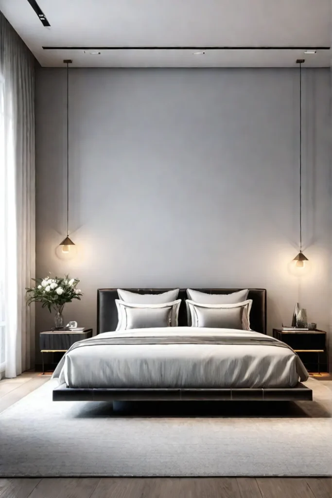 A modern bedroom with a platform bed nightstands a wardrobe and a