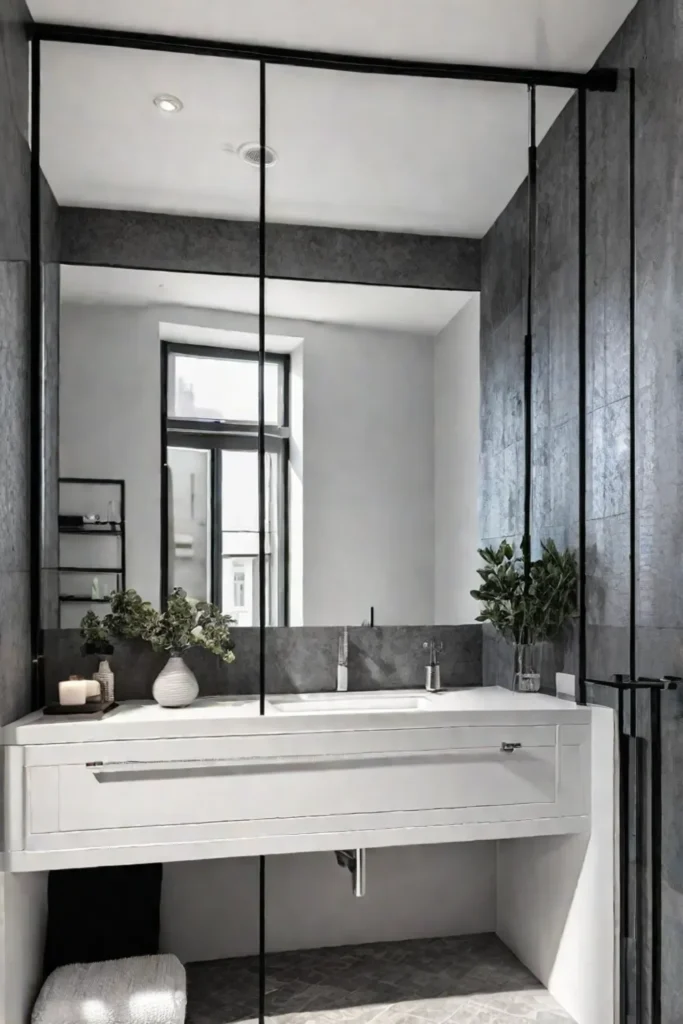 A modern farmhouse bathroom with a walkin shower a floating vanity and