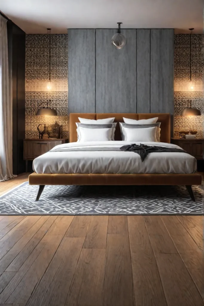 A modern geometric rug in a rustic bedroom with mixed styles