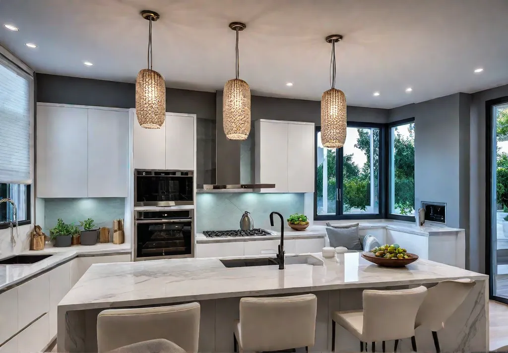 A modern kitchen bathed in warm inviting light from strategically placed recessedfeat