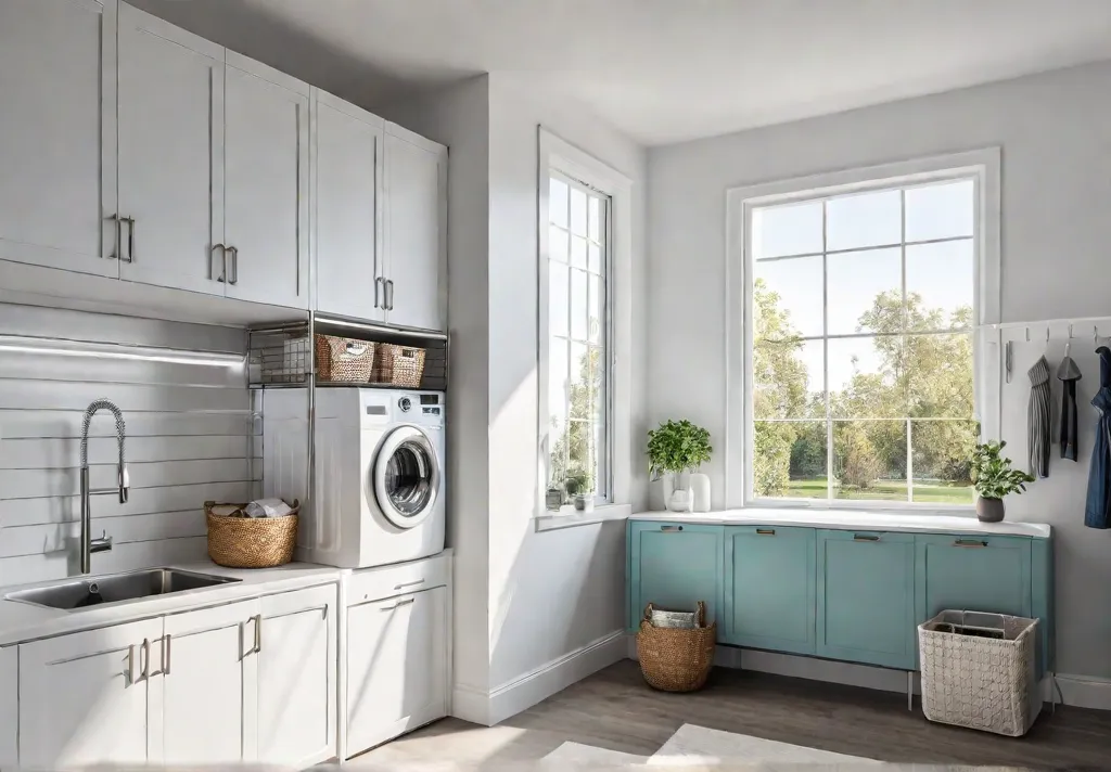 A modern laundry room with white cabinets a utility sink and afeat