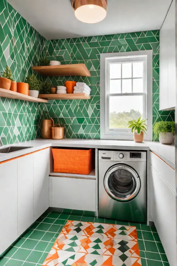 A modern laundry room with white cabinets colorful geometric wallpaper stainless steel