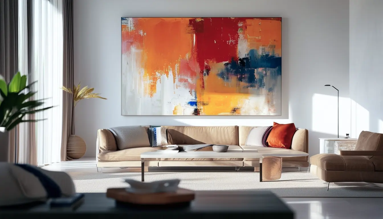A modern living room bathed in natural light, showcasing a large abstract expressionist painting