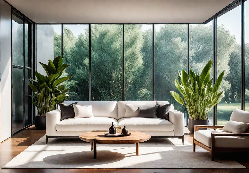 A modern living room bathed in natural light with floortoceiling windows showcasingfeat