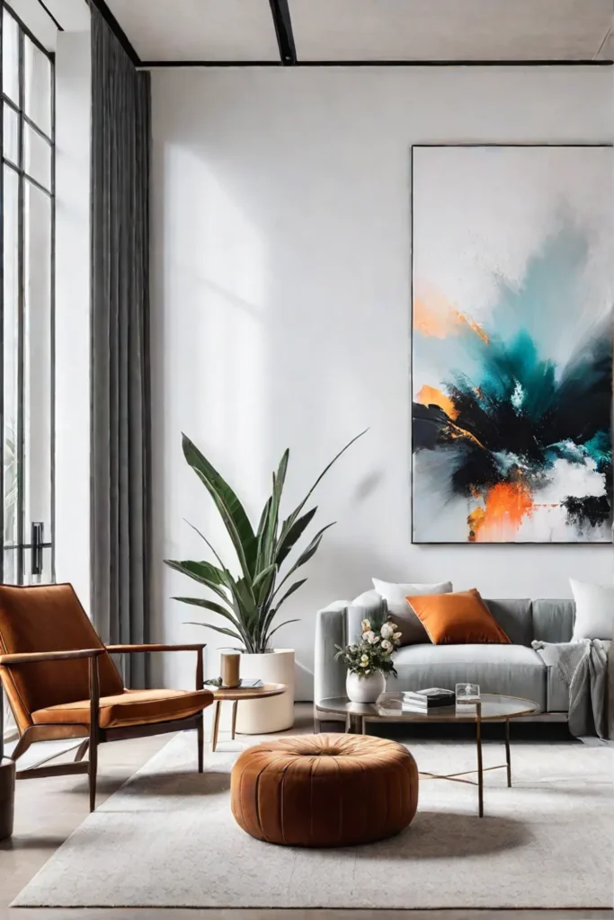 A modern living room with an abstract expressionist painting