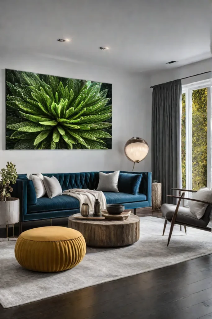 A modern living room with ecofriendly artwork