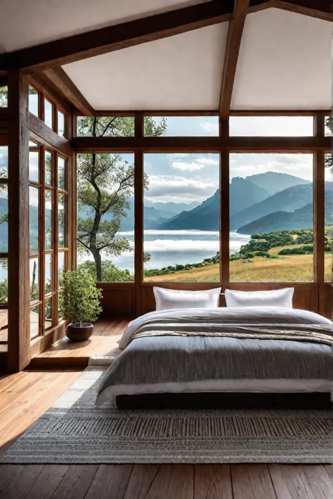 A natural fiber rug in a rustic bedroom with a view