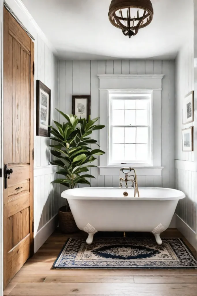 A peaceful farmhouse bathroom with a clawfoot bathtub a shiplap accent wall
