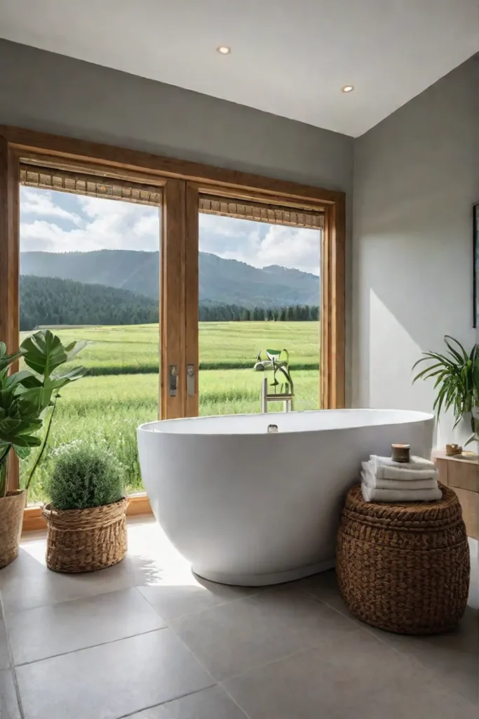 A peaceful farmhouse bathroom with a serene color palette natural materials and