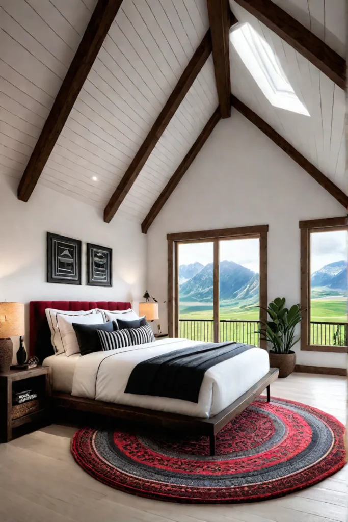A round natural fiber rug in a rustic bedroom with a vaulted