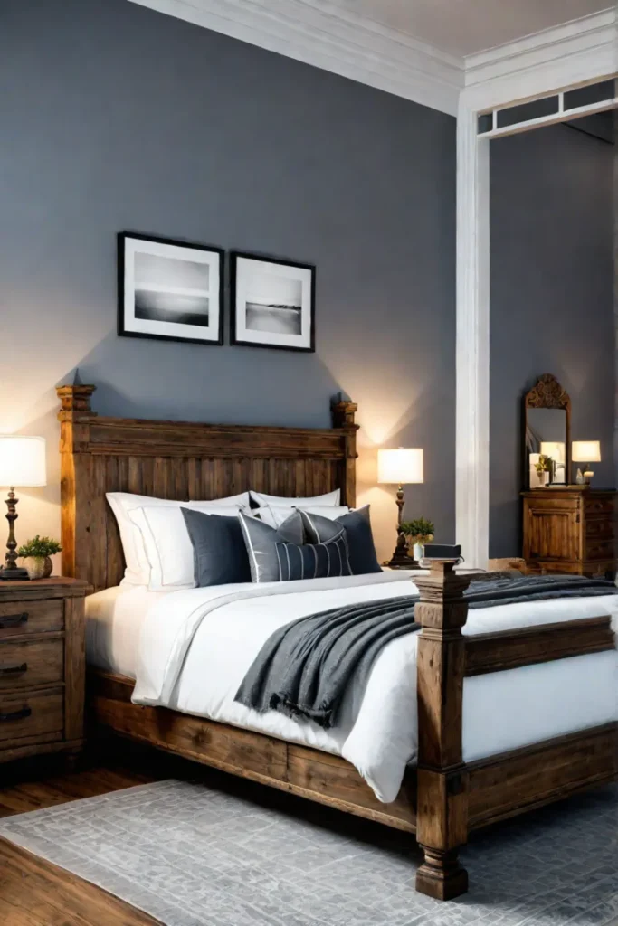A rustic bedroom with a reclaimed wood bed distressed nightstands and a