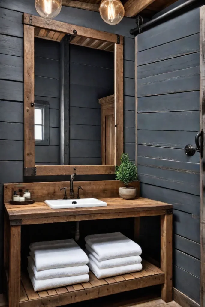 A rustic farmhouse bathroom with a barn door a wooden vanity with