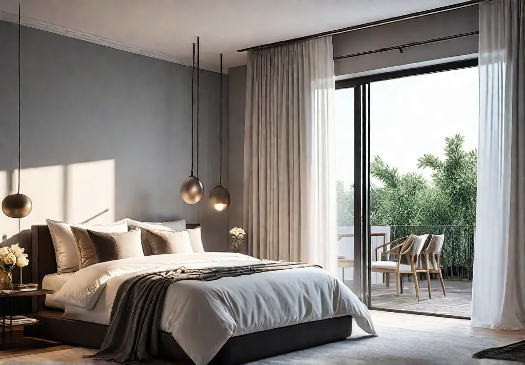 A serene apartment bedroom bathed in soft diffused light from layered sourcesfeat