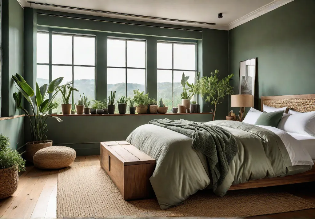A serene bedroom bathed in natural light with large windows framing lushfeat
