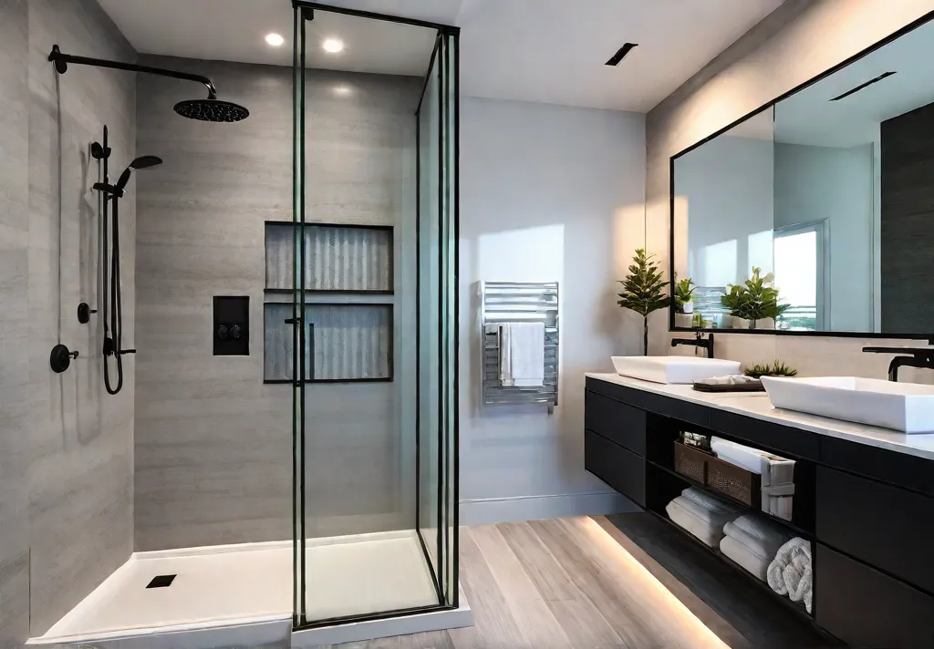 A small bathroom with a compact freestanding shower unit featuring a slidingfeat
