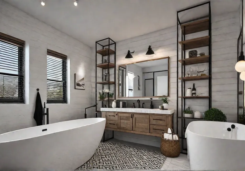 A small bathroom with a modern farmhouse aesthetic featuring a sleek vanityfeat
