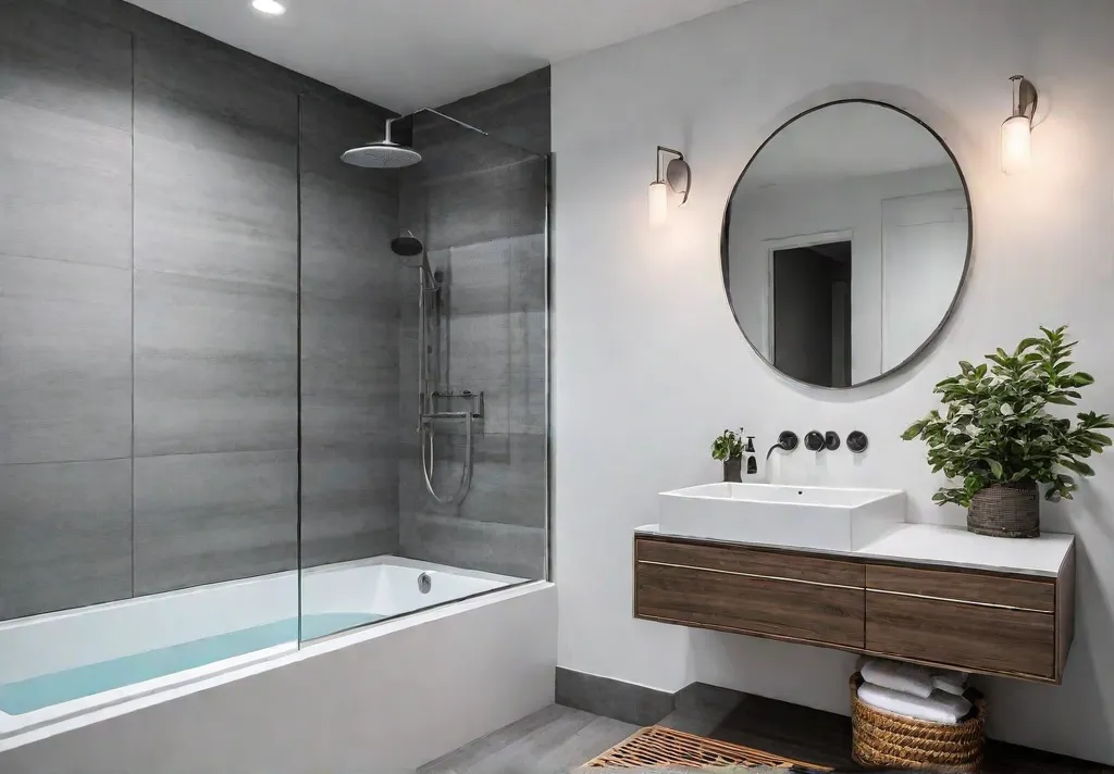 A small bathroom with white walls and gray tile flooring featuring afeat