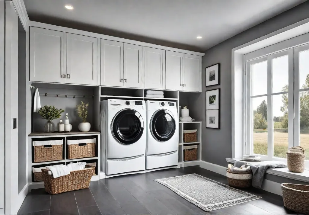 A small but efficient laundry room with whitewashed wood paneled walls isfeat