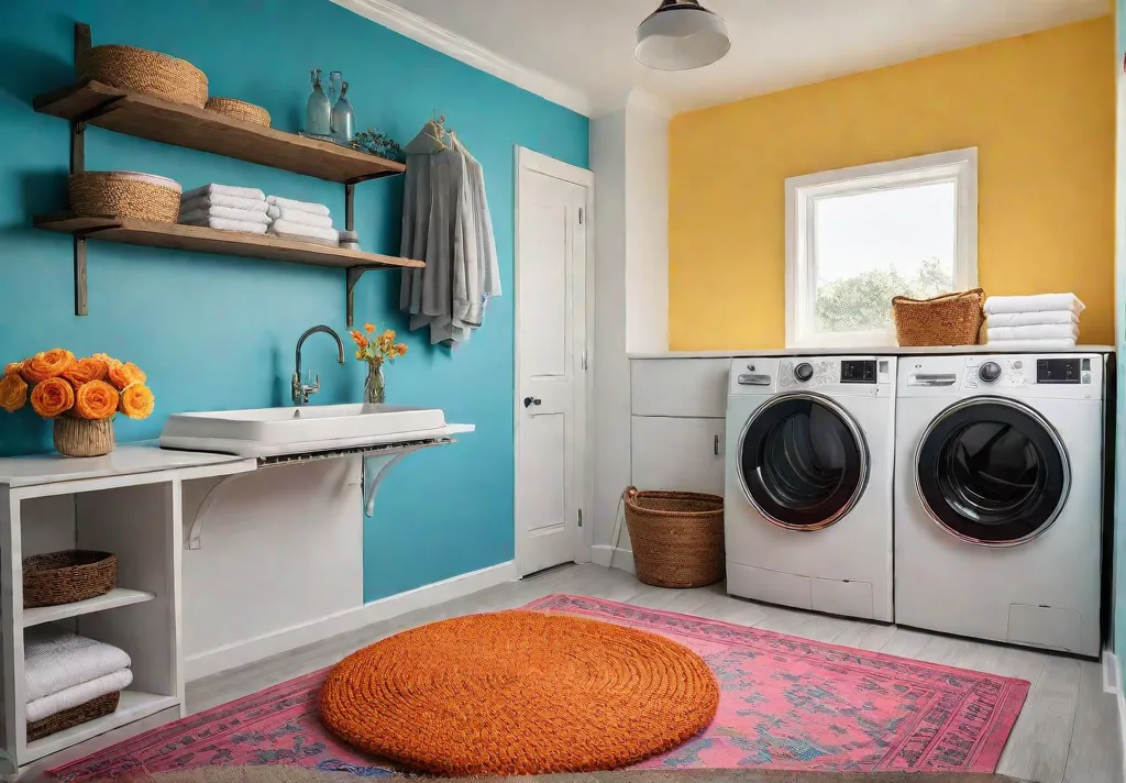 A small laundry room bursting with vibrant color Walls are painted afeat