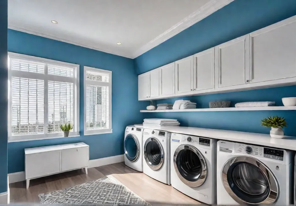 A small laundry room transformed with light blue walls white open shelvingfeat