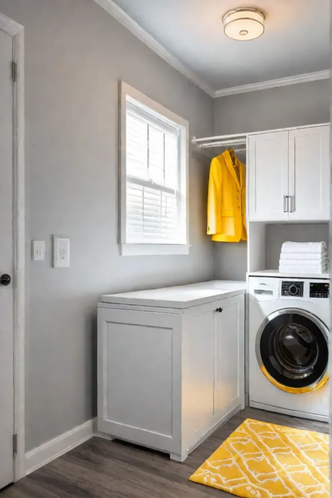 A small laundry room with spacesaving solutions and yellow walls
