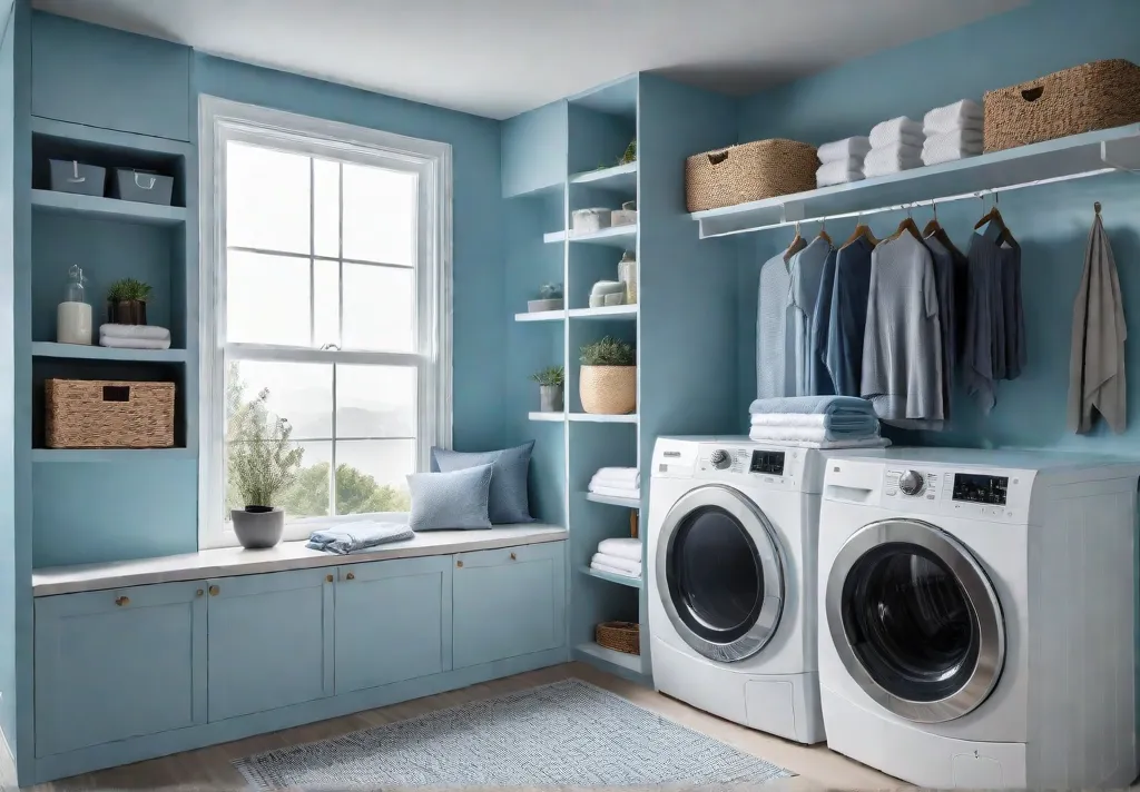 A small wellorganized laundry room with a stacked washer and dryer afeat