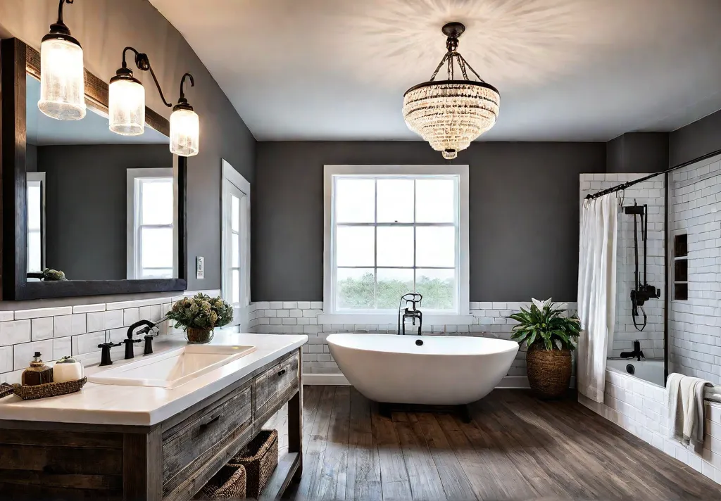 A spacious farmhouse bathroom showcasing a reclaimed wood vanity with a rusticfeat