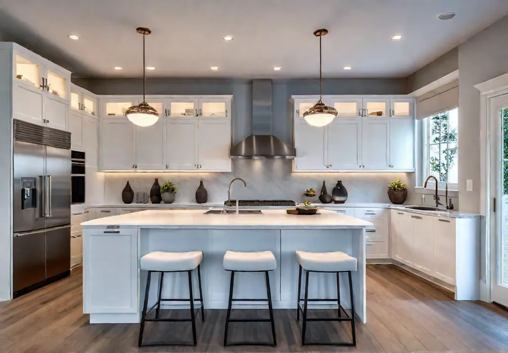 A spacious kitchen island with a white quartz countertop featuring a builtinfeat