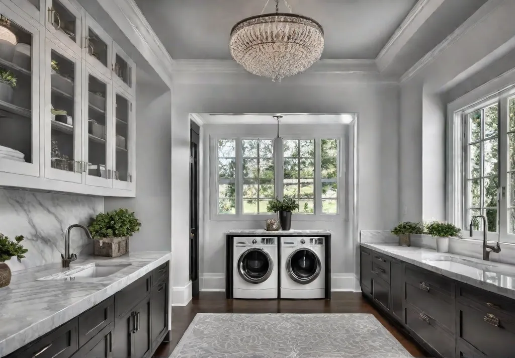 A spacious laundry room adorned with white marble countertops sleek hardwood floorsfeat