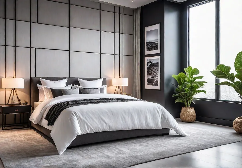 A spacious modern bedroom with a large window and a neutral colorfeat