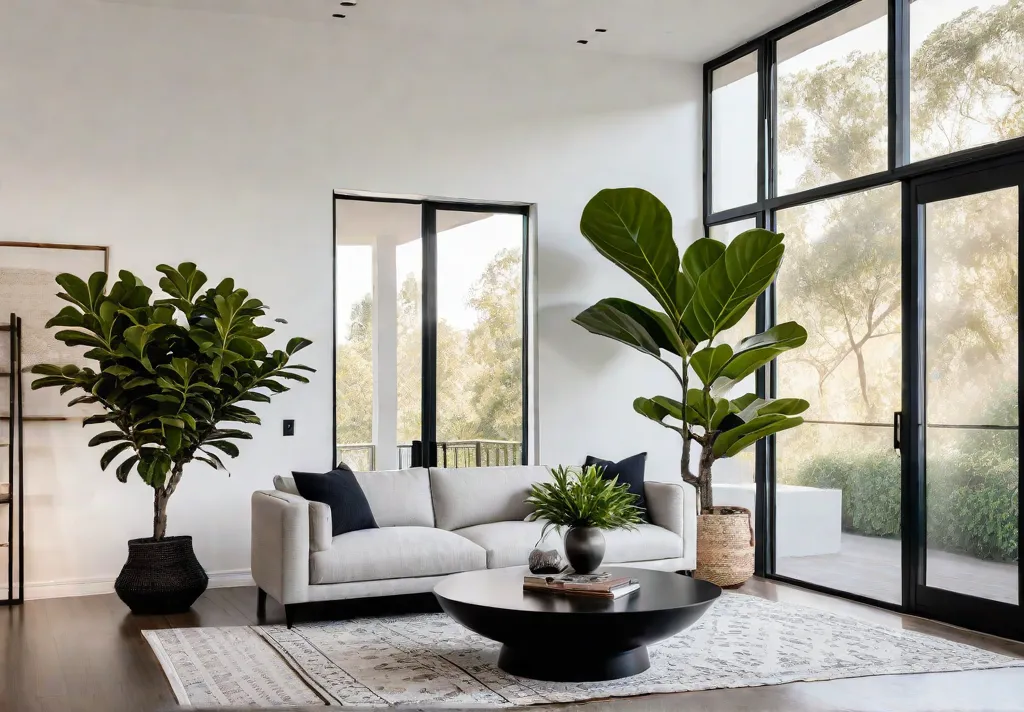 A sundrenched minimalist living room with expansive windows featuring a light grayfeat