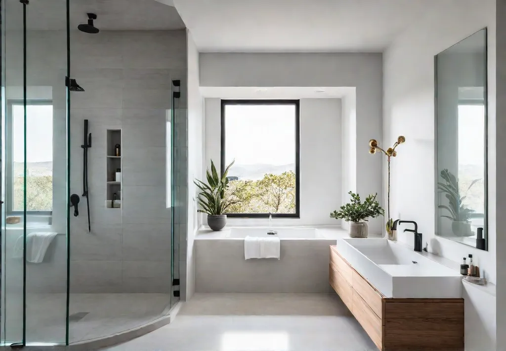 A sunlit bathroom with white porcelain tile floors a walkin shower withfeat