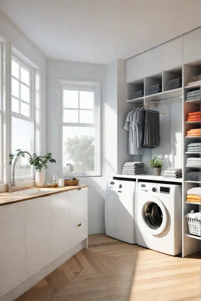 A sunlit laundry room with a drying rack full of clothes