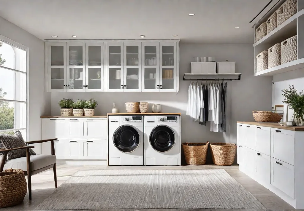 A sunlit laundry room with white walls featuring floortoceiling builtin cabinets forfeat