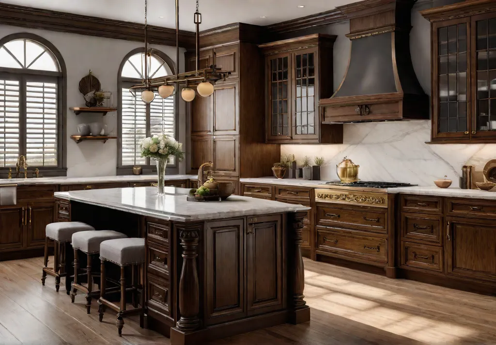 A sunlit spacious kitchen featuring raised panel cabinets in warm oak withfeat