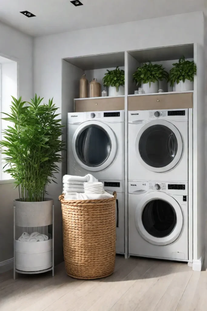 A sustainable laundry room with bamboo hamper and plants