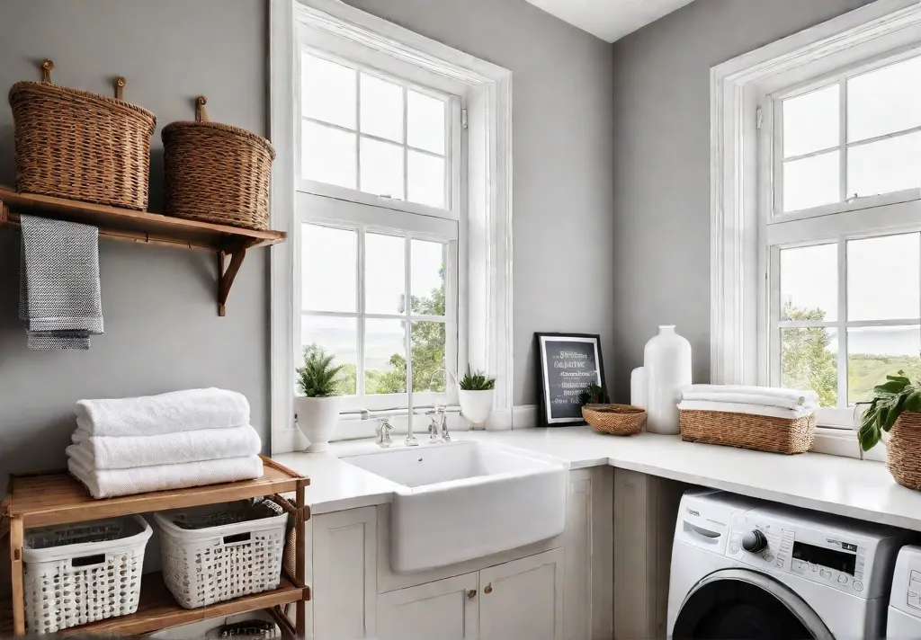 A tiny laundry room with white walls and light wood floors featuresfeat