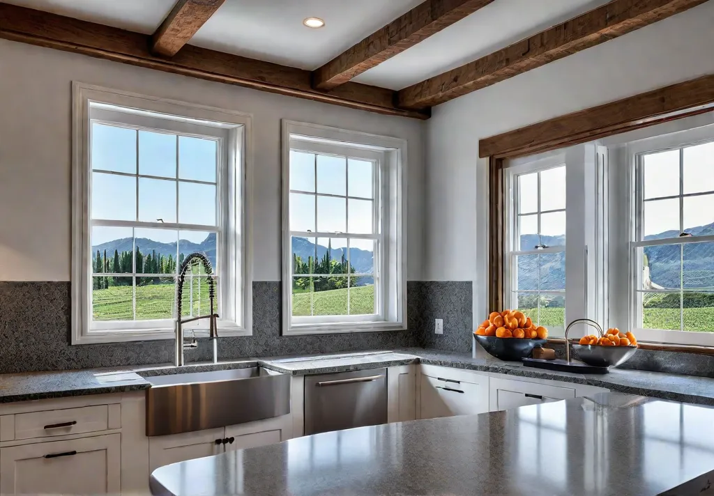 A traditional kitchen with exposed wooden beams and a farmhouse sink modernizedfeat