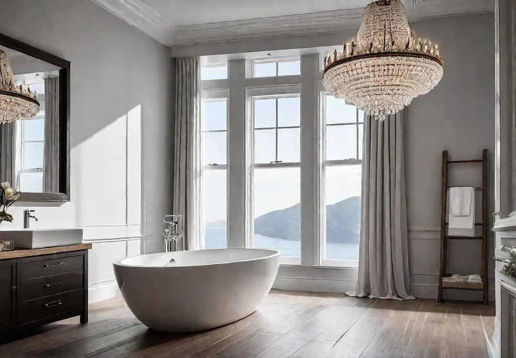 A welllit bathroom with ample natural light featuring a large window andfeat
