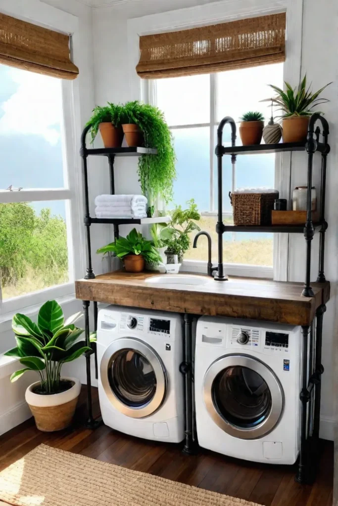 A DIY shelving unit crafted from reclaimed wood and iron pipes in a laundry room