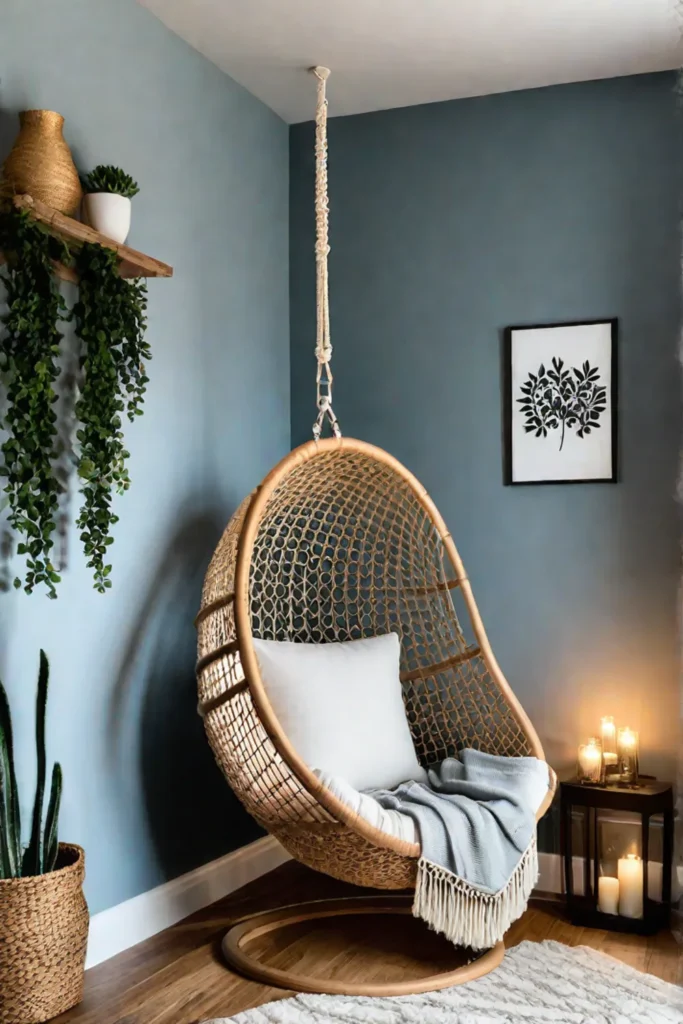 A bohemian reading nook with a macrame chair and Edison bulb lighting