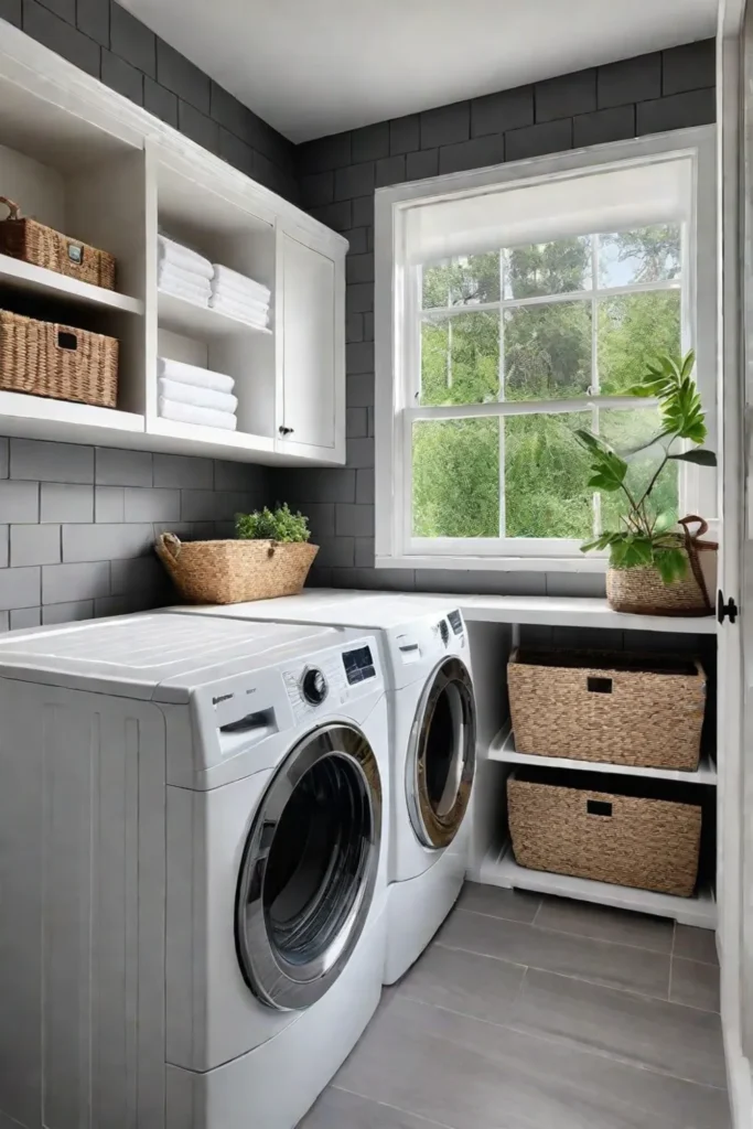 A bright and airy laundry room with a folding station and ample natural light