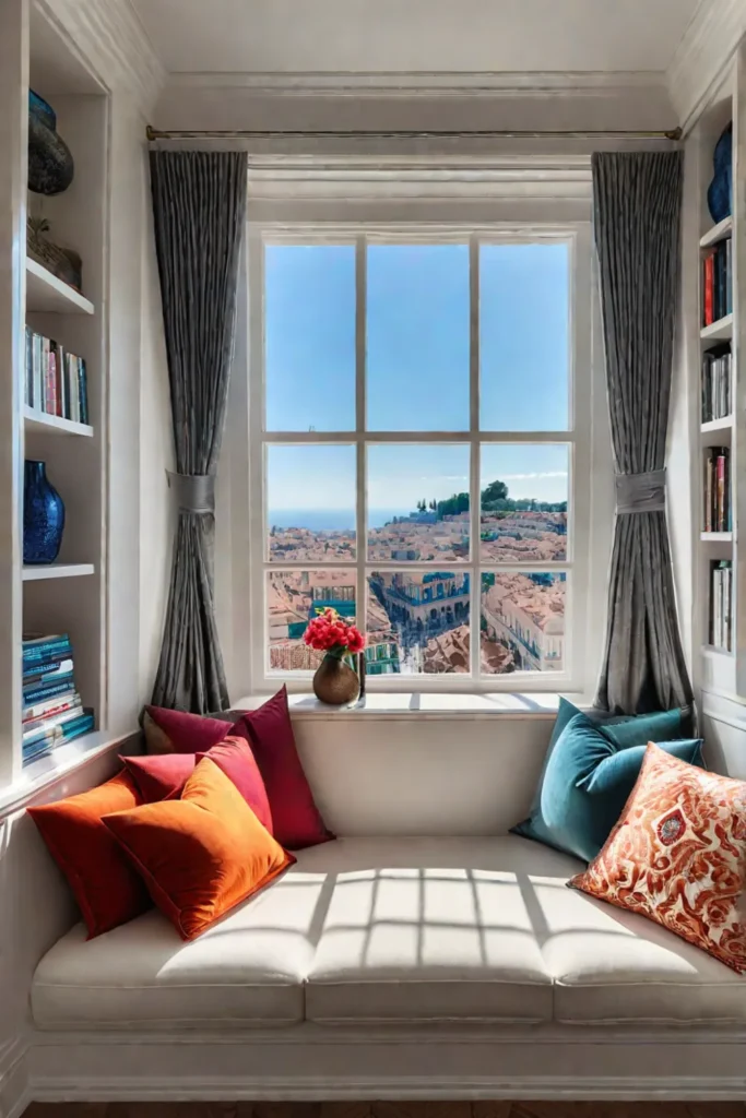 A bright window seat reading nook with builtin bookshelves and ample sunlight
