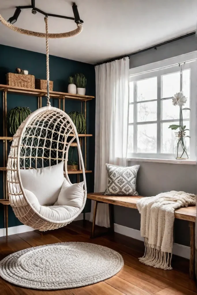 A cozy and eclectic reading space with a hanging chair and woven accents