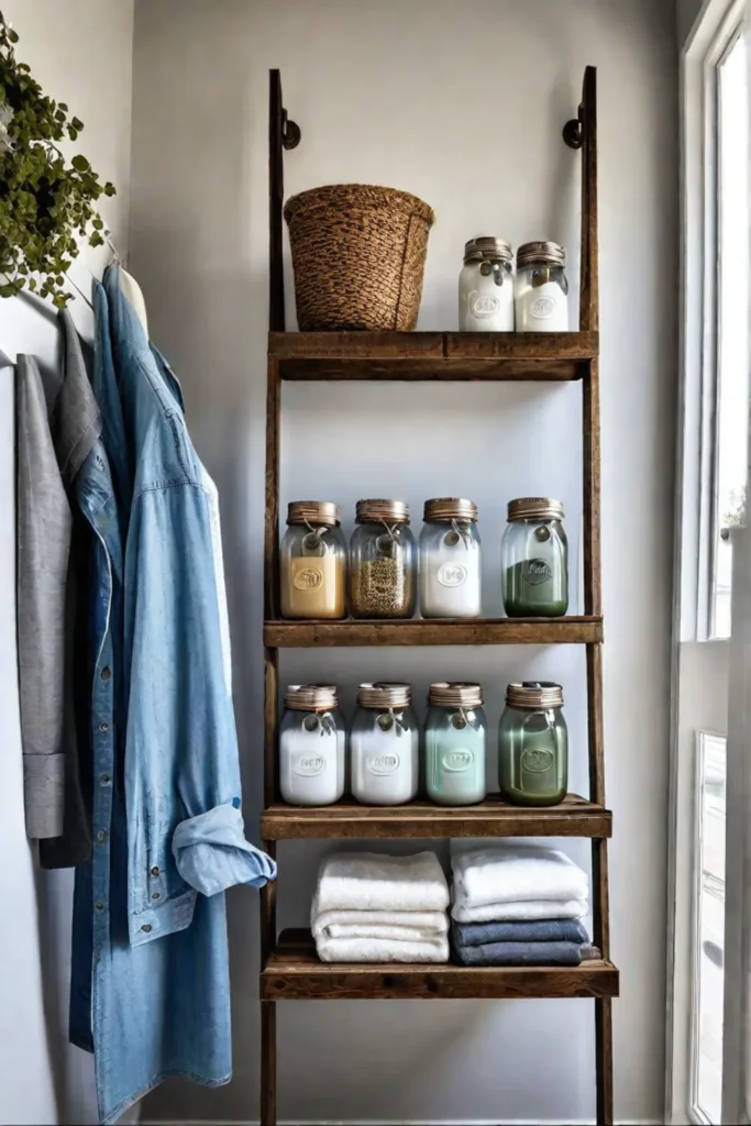 A creative laundry room with repurposed items and handmade accents