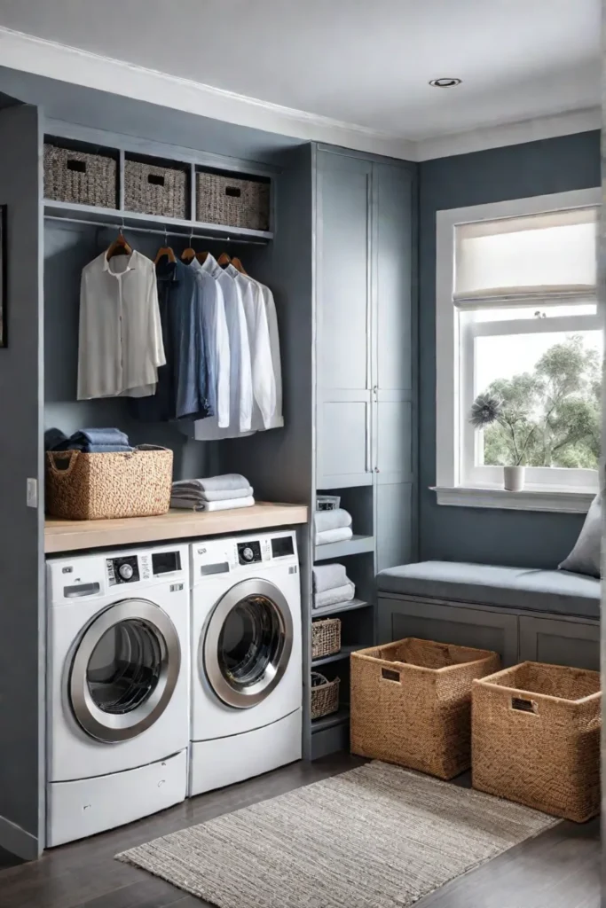 A laundry room with a storage bench offering hidden storage and seating