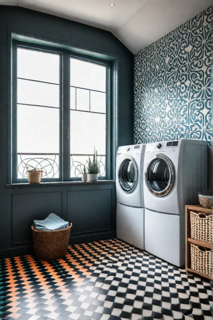 A laundry room with a vibrant design and ample natural light