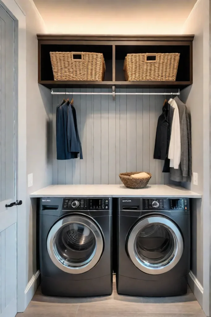 A laundry room with builtin cubbies and woven baskets for storage